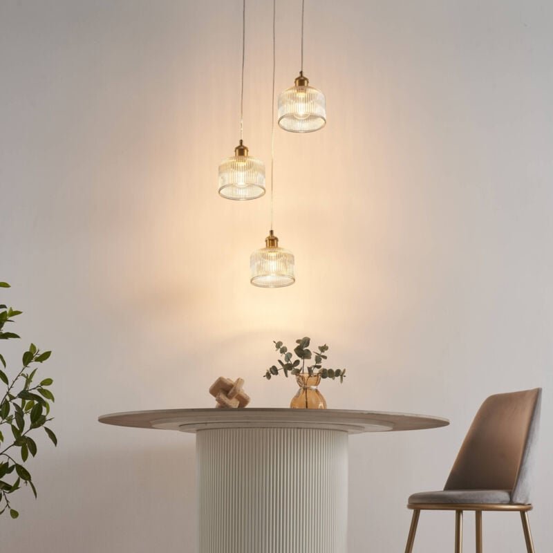 Vintage-Messing-Hängelampe mit drei gerillten Bernstein-Gläsern - Auréline
