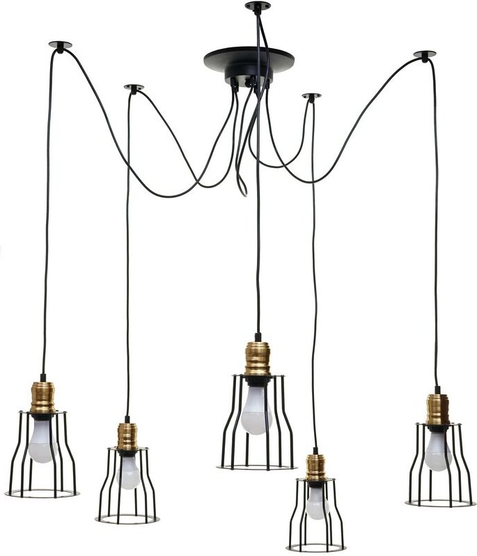 Pendelleuchte HHG-190, Hängeleuchte Hängelampe, Industrial Metall höhenverstellbar schwarz 5x Käfiglampenschirm