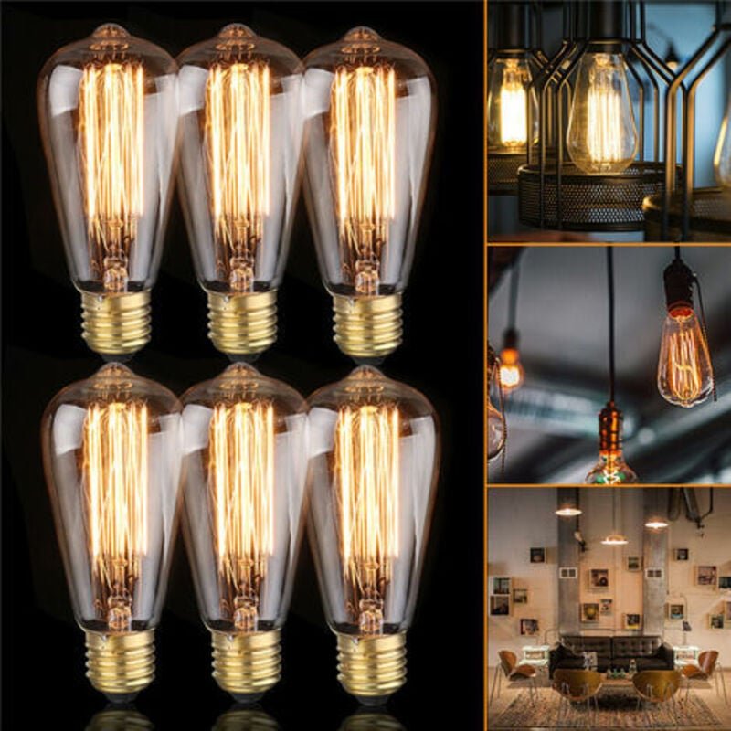 6 x E27 60 W Edison-Glühbirne, Glühlampe, 220 V, ST64 Retro, 64 mm x 140 mm