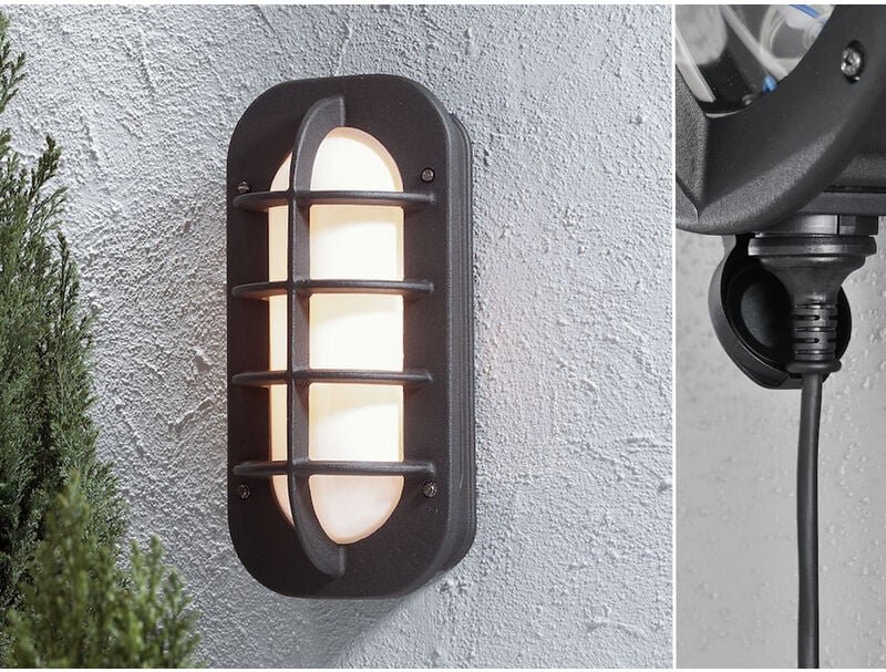 Led Außenwandleuchte mit Steckdose, Alu Schwarz & Opalglas, Höhe 36cm
