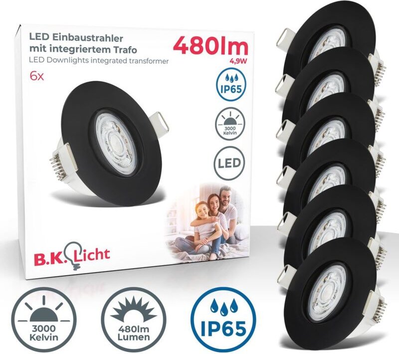 B.k.licht - Einbaustrahler 68mm 6er Set - 230V, 4,9W, 480lm, led, IP65, warmweiß, schwarz