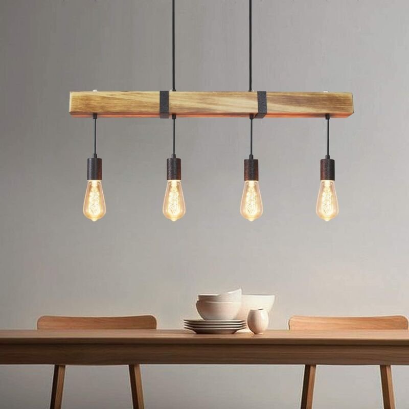 Thumbnail - Gbly - Vintage Pendelleuchte Holz Esstischlampe Retro Hängeleuchte mit 80CM Holzbalken 4 x E27 max. 25 Watt Hängelampe I...