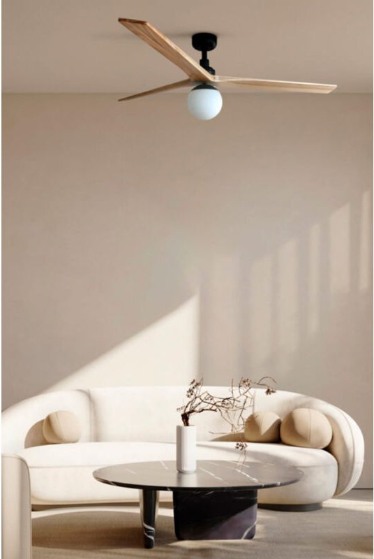 Faro Klim Großer 3-Flügel-Deckenventilator Mattweiß, Eichenholz mit Licht 1x E27 Tuya Smart System