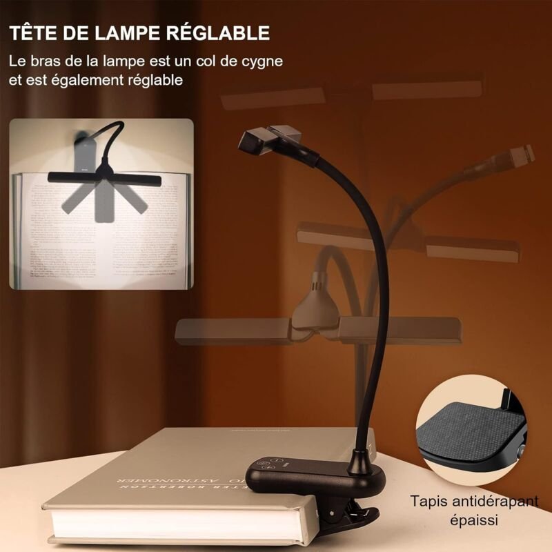 Doppelkopf-Leselampe, per usb wiederaufladbare Klemmlampe, 360° flexible Halslampe, 3 Farben & stufenloses Dimmen, bis z...