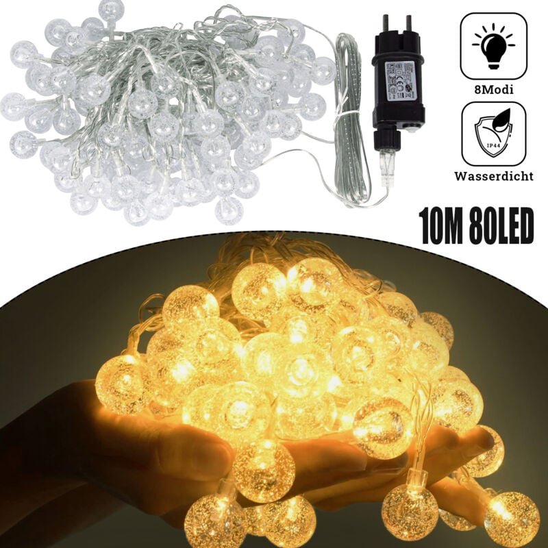 Froadp 10m Lichterketten Innen 80 LED Warmweiß Kristall Kugel String Lichte mit 8 Modi & Speicherfunktion IP44 Wasserdic...