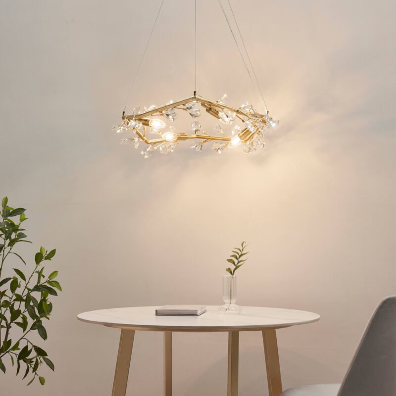 Goldene Hängeleuchte mit Kristallblättern - Solarana