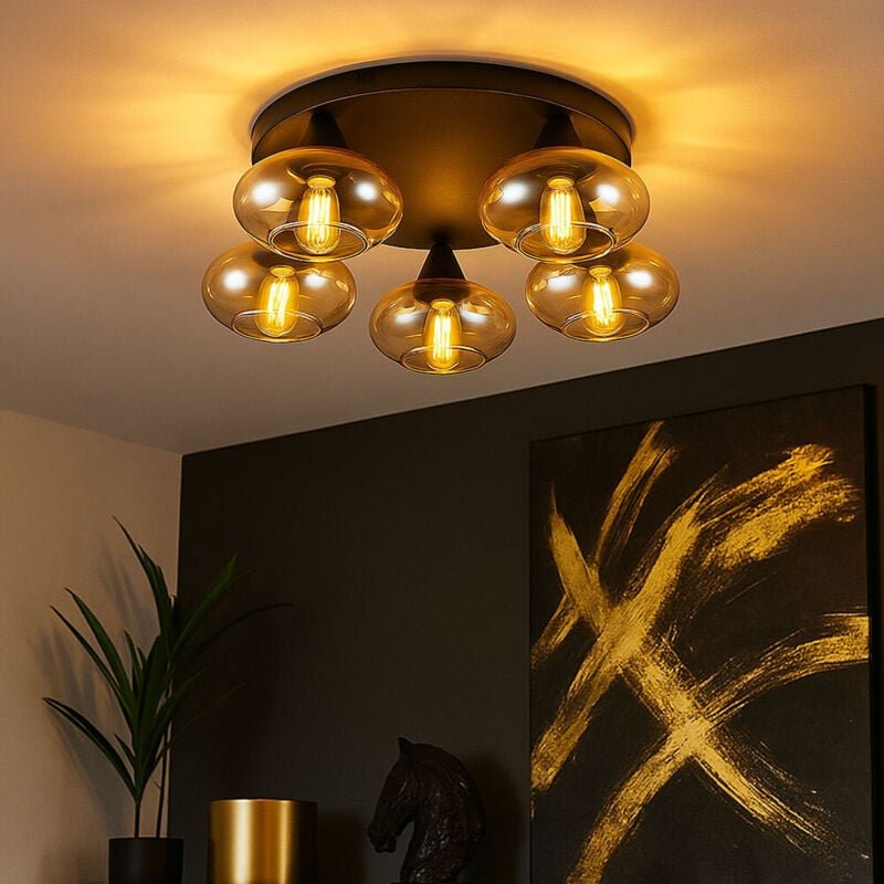 Thumbnail - LED Deckenleuchte Filament dimmbar Deckenlampe Glas amber schwarz Retro Wohnzimmerleuchte 5-Flammig Glas, Metall, 5x 4W ...