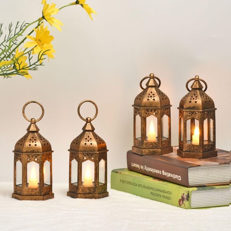 Dekorative Laternen, 4 Stück Gartenlaterne mit LED-Kerzen, Kunststoff – Kupferfarbe, für drinnen und draußen, für Garten...