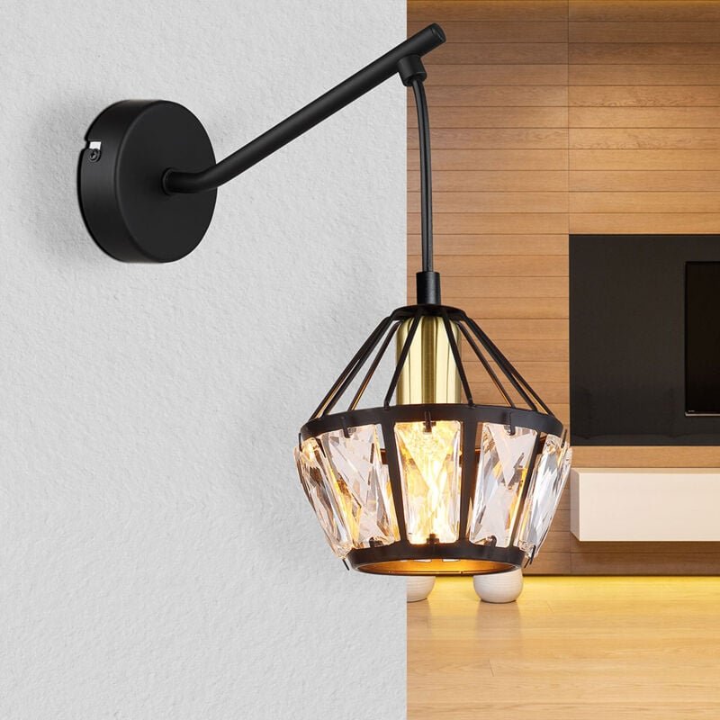 Wandlampe Wandleuchte Flurlampe Wohnzimmerleuchte, Metall schwarz Glas Kristalle klar messing, Klassisch, 1x E14 Fassung...