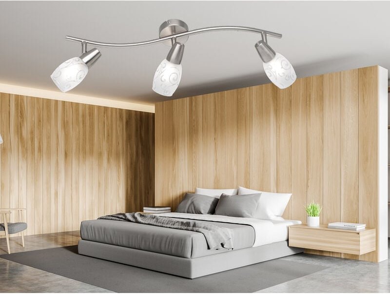 Led Deckenstrahler 3-flammig dimmbar, Silber mit Dekorglas, Breite 56cm