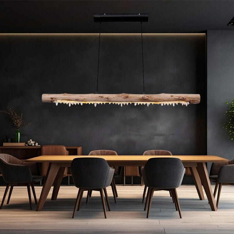 Decken Hängeleuchte aus Holz mit Kristalldekor Holzbalken Pendelleuchte Landhaus Stil Hängelampe, 1x led 15 Watt 980 Lum...