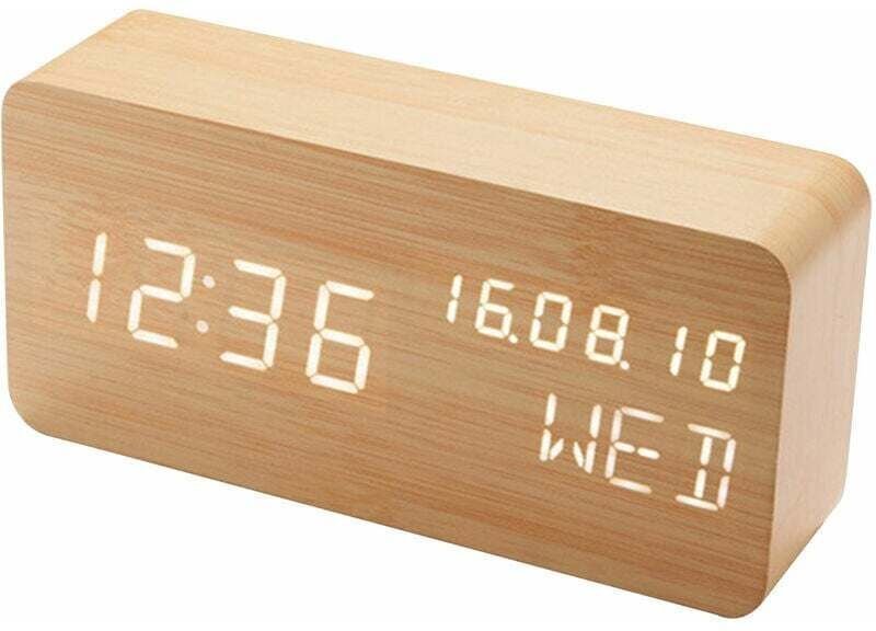 Thumbnail - LED-sprachaktivierter digitaler Wecker aus Holz 2102 (USB-Aufladung oder Batterie-Dual-Use, Versand ohne Batterien, weiß...