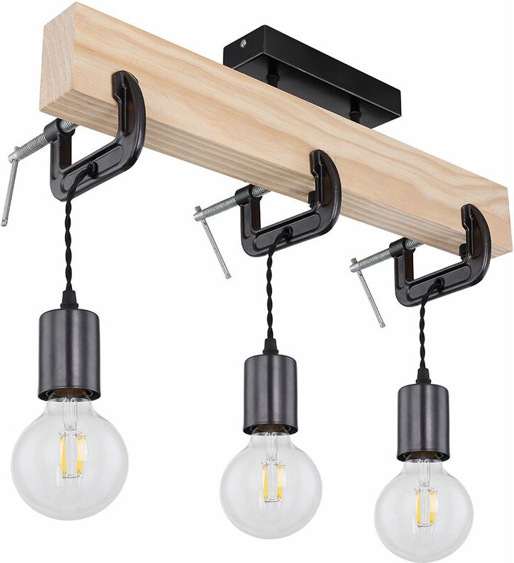 Holzleuchte Deckenlampe 3 flammig Esszimmerleuchte Wohnzimmer, Holz Metall naturfarben schwarz, 3x E27 Fassungen, HxLxB ...