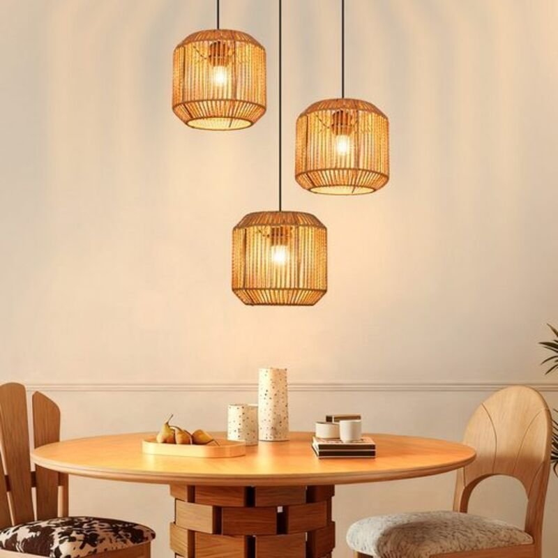 GBLY Pendelleuchte Boho Rattan Hängelampe E27 Höhenverstellbar Retro Esstischlampe Für Esszimmer Wohnzimmer Ohne Leuchtm...