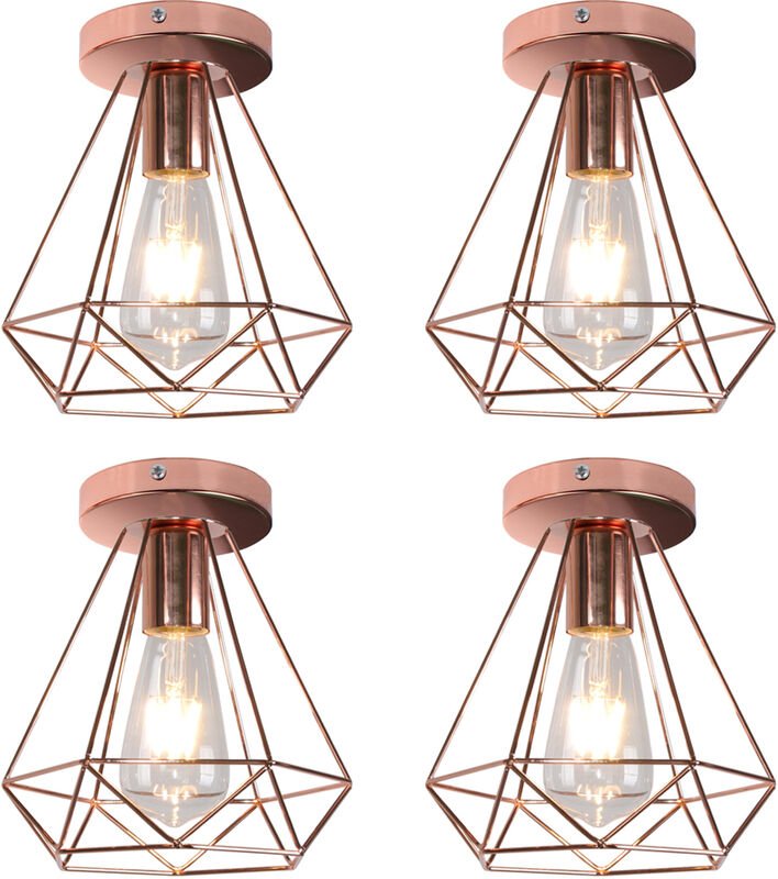 Axhup - 4er Deckenleuchte Vintage Industri Diamant Deckenlampe mit Ø20cm Käfig Semi-Flush Mount Eisen Licht E27 Lampenfa...