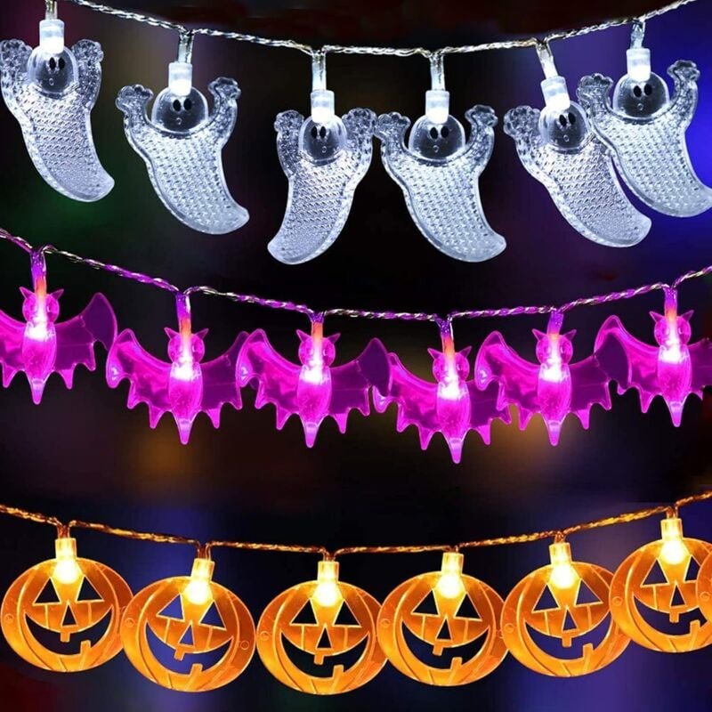 Thumbnail - 3er-Set Halloween-Lichterketten, 20 LEDs, batteriebetriebene Lichterketten, orange Kürbisse, weiße Geister, violette Fle...