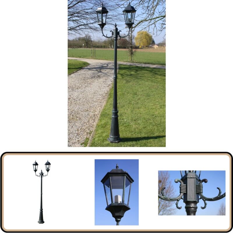 Gartenlaterne 2-flammig 230 cm Dunkelgrün/Schwarz Aluminium - Gartenleuchte - Laterne - Außenscheinwerfer - LED-Beleucht...