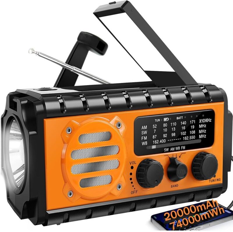 20000mAh Handkurbel-Notfallradio, SW/NOAA/AM/FM-Wetterradio, solarbetriebenes Handkurbelladegerät, tragbar, Handy-Ladege...