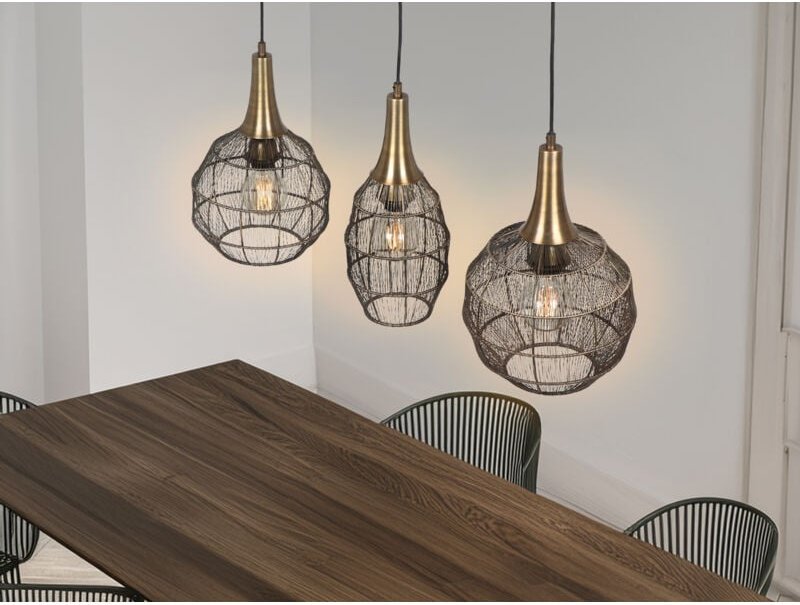 Led Pendelleuchte 3-flammig mit Drahtgeflecht Altmessing, Breite 86cm