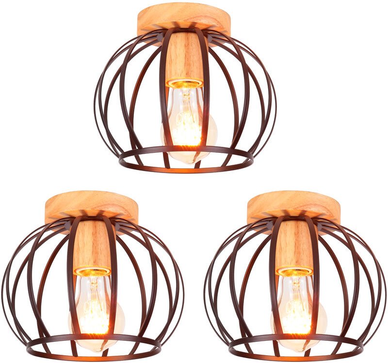 3x Metall Hölzern Hänge-Leuchte Deckenlampe in Käfig Form, Industriell Moderne E27 Ø20cm Deckenleuchte für Wohnzimmer Sc...