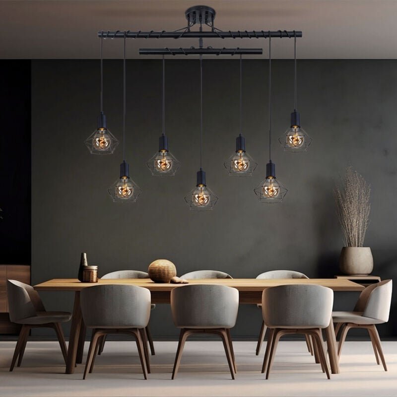 Hängelampe Pendelleuchte Modern Esszimmerleuchte Industriell schwarz Hängeleuchte Höhenverstellbar, Käfig Schirme, 7 Fla...