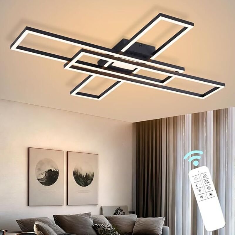 GBLY LED Deckenleuchte Wohnzimmer 56W Stufenlos Dimmbar Schwarz Modern Rechteck Design Für Schlafzimmer Küche Büro