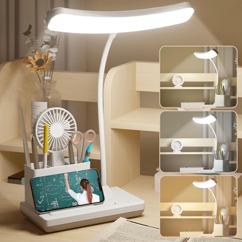 LED-Schreibtischlampe: 3 Farben dimmbare Schreibtischlampe für Kinder, USB-Leselicht mit Stifthalter, 360°-Schwanenhals-...