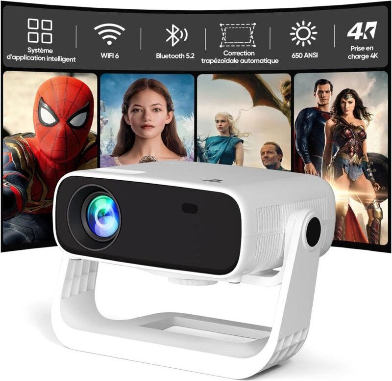2025-Projektor mit integrierter App – Tragbarer Full-HD-Projektor (1080p, 650 ANSI), 4K-Unterstützung, WLAN & Bluetooth,...