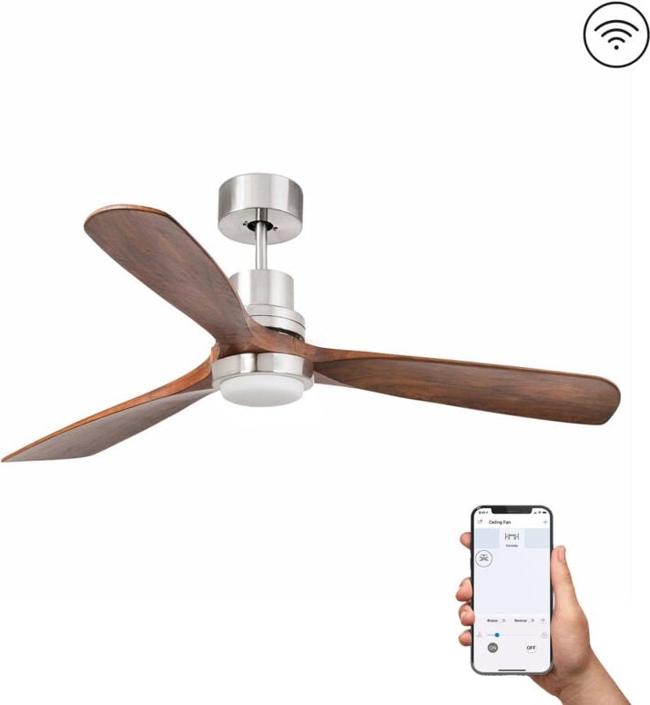 Faro Lantau Großer Deckenventilator mit 3 Flügeln, Satin-Nickel, Walnuss, mit Licht 3000 K, Wiz Smart System