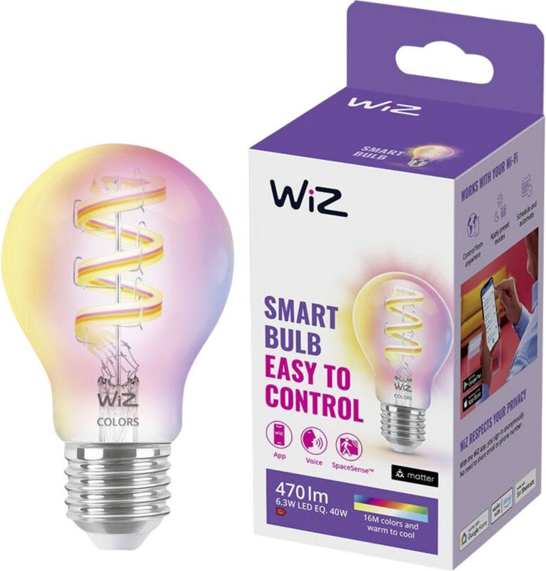 WIZ - Smart LED-Glühbirne E27 ST64, mit klarem Glühfaden 6,3W - 470 Lumen, Vollfarbe, Verbindung über WiFi, mit SpaceSen...