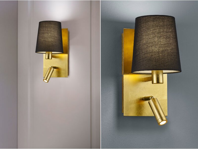 Moderne goldfarbene Wandlampe mit schwarzem Lampenschirm und Spot-LED-Marriot-Trio-Beleuchtung