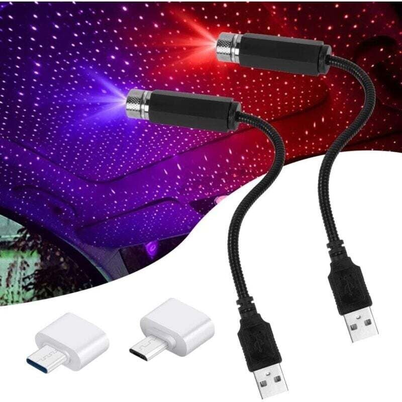 LED-Stimmungslicht, 2 USB-Sternenhimmel-Dachprojektoren, einstellbares Rot mit mehreren Modi, romantisches USB-Autolicht...