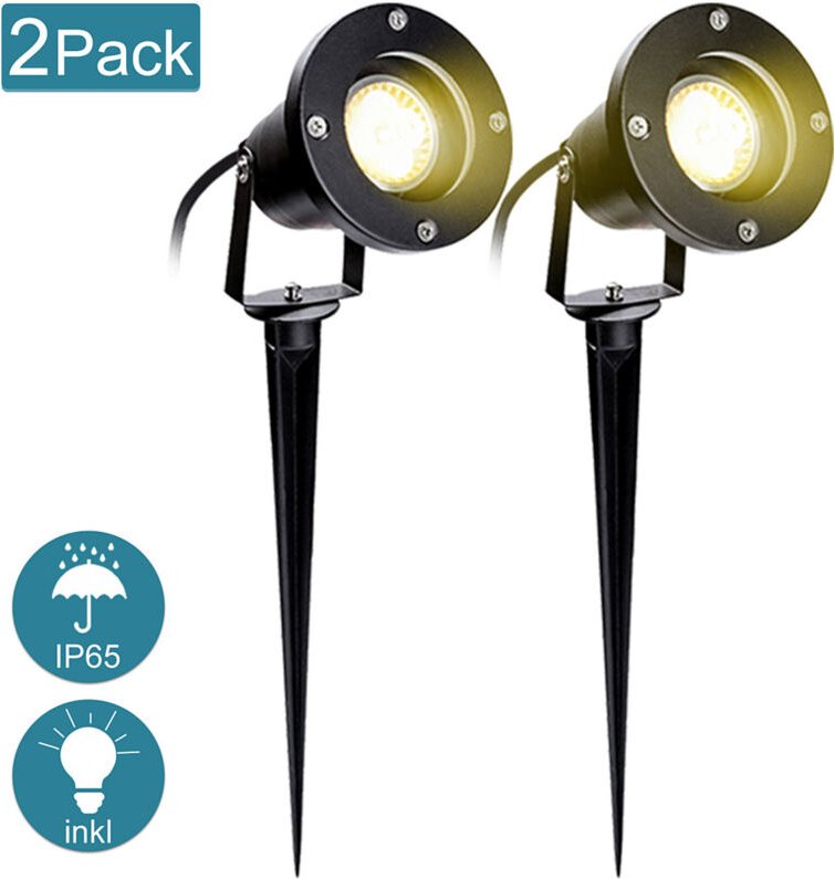 Gartenleuchte Led Gartenstrahler Warmweiss 2er Pack LED Gartenbeleuchtung IP65 4W GU10 Mit Erdspiess Stecker Aussen Wies...