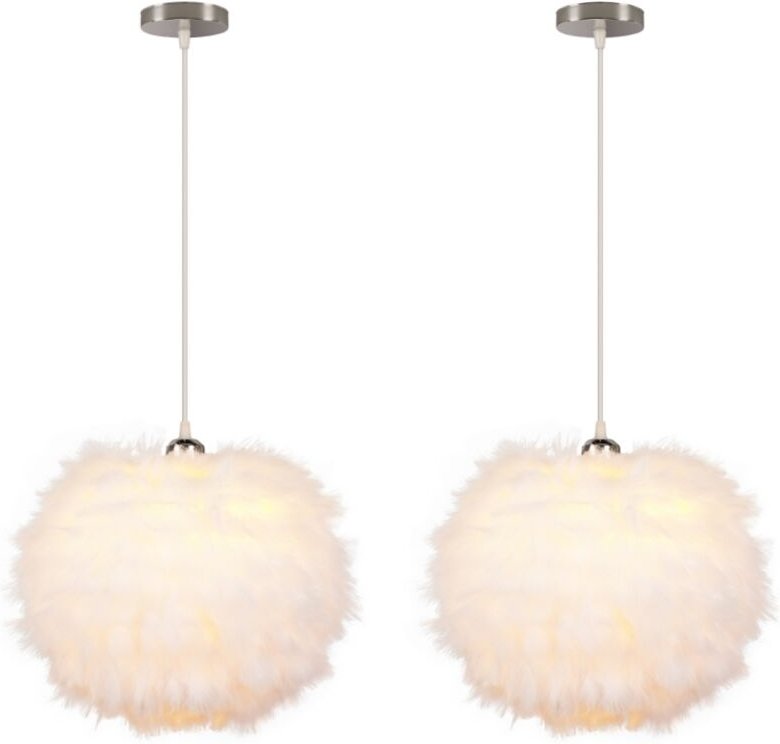 2 Stück Moderne Pendelleuchte Federdekoration Hängelampe Höhenverstellbar Deckenleuchte Weiß Kronleuchter Ø30cm