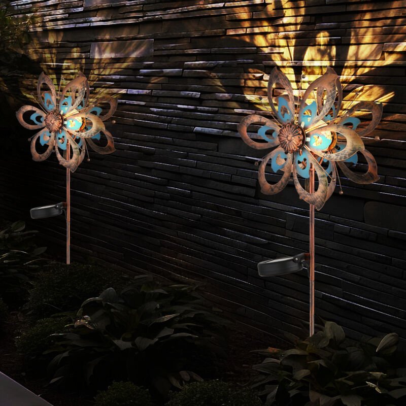 Gartendeko led Solarlampe Windrad Terrassenlampe Außenlampe Erdspieß, Metall gold blau, Bruchglas, LxH 22,5 x 92 cm, 2er...