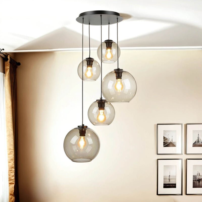 Retro Pendelleuchte Glas Schirm 5x E27 Schwarz Grau Hängelampe