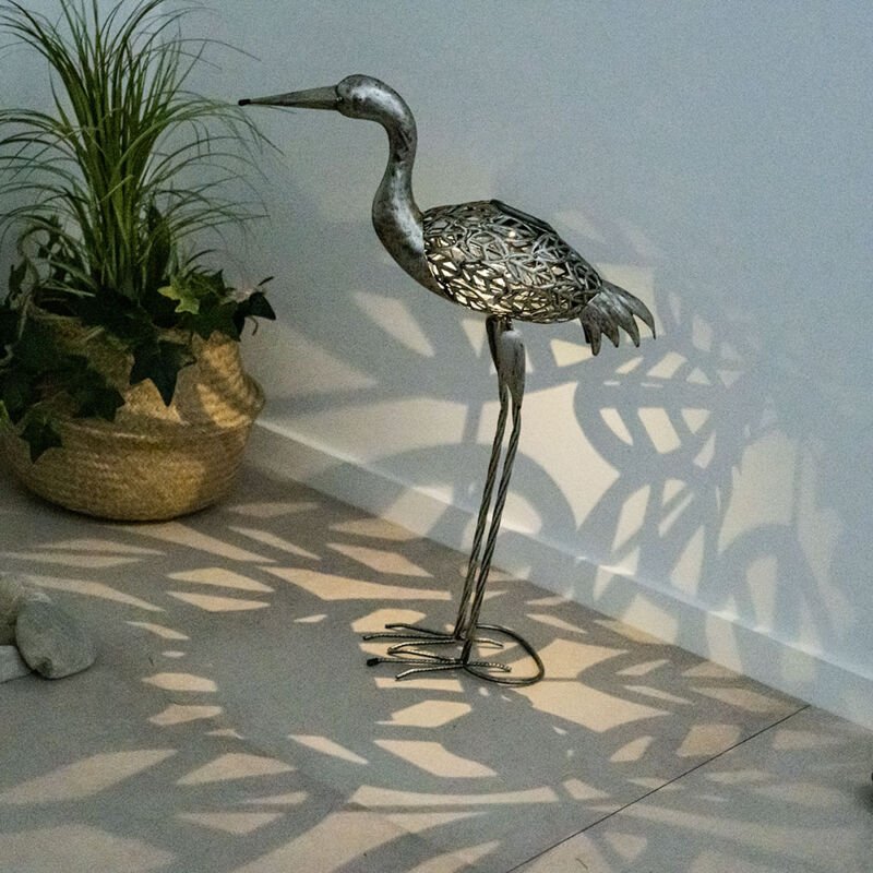 Gartendeko Figuren led Figuren für Garten Gartendeko Tiere für Außen Balkon Figuren Terrasse Deko, Kranich Metall, grau,...