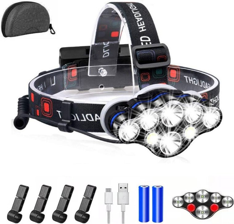 Stirnlampe, 18.000 Lumen, 8 LEDs, 8 Leuchtmodi, extrem leistungsstark, USB-wiederaufladbar, 90° verstellbarer Abstrahlwi...