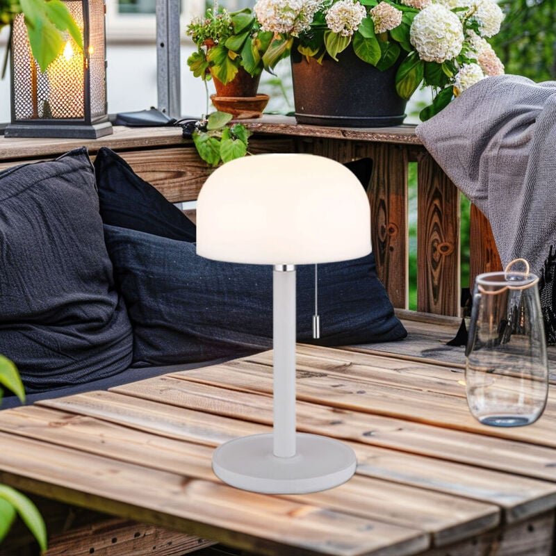 Tischleuchte Außenleuchte LED Balkonlampe Tischlampe IP44 Zugschalter Weiß USB-C