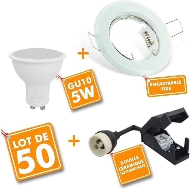 50er Set LED Einbaustrahler Weiß Fest mit GU10 5W Glühbirne Farbtemperatur: 4000K neutralweiß