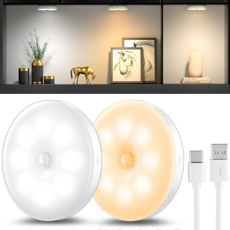 Set mit 2 Nachtlichtern mit Bewegungsmelder, wiederaufladbare LED-Lampe mit drei Farben, Bewegungsmelder-Innenleuchte zu...