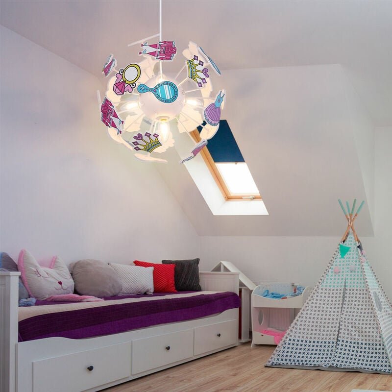 Hängelampe Kinderzimmer Pendelleuchte Schloss Kinderzimmerlampe Mädchen, Kunststoff, 4x E14 Fassungen, DxH 35 x 120