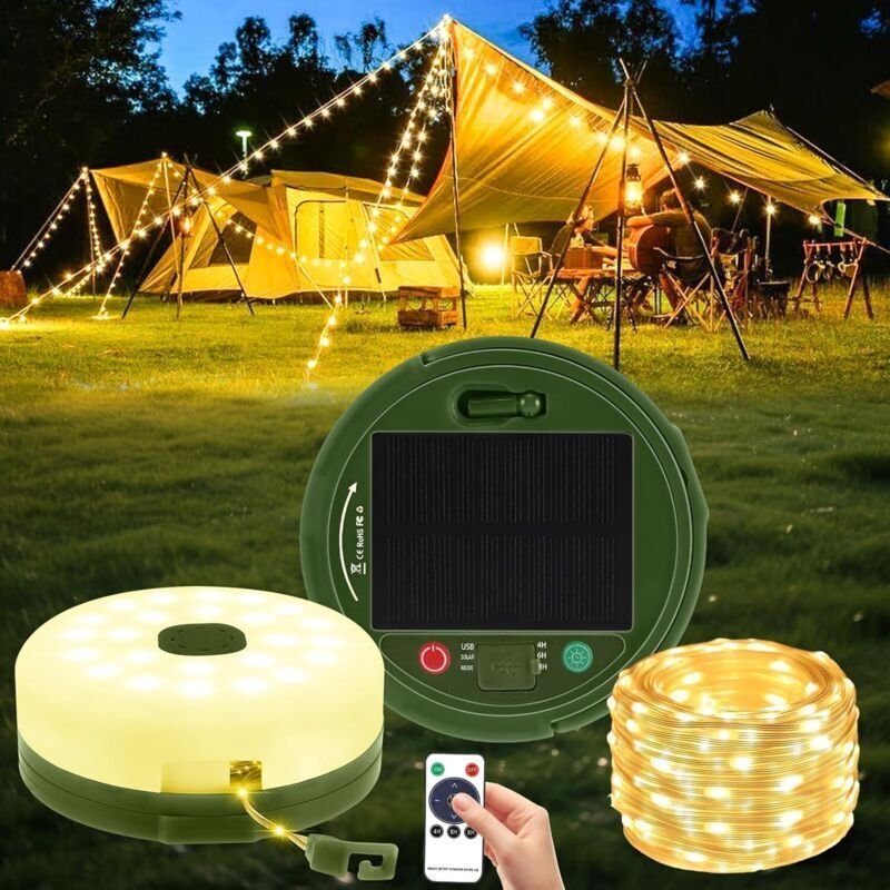 10 m lange, einziehbare Lichterkette, solar- und USB-aufladbar, LED-Camping-Lichterkette mit 8 Leuchtmodi, Fernbedienung...