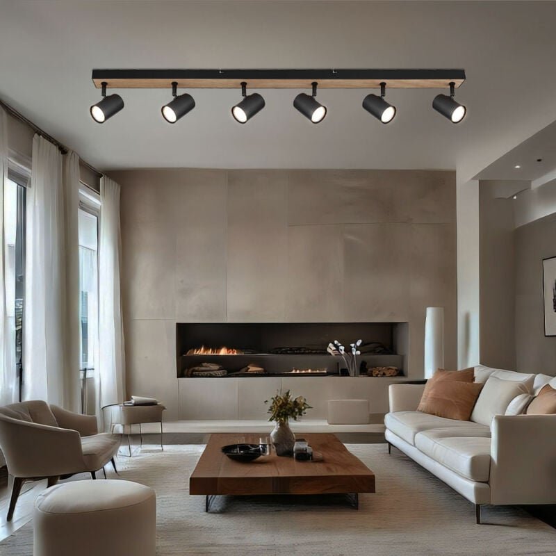 Deckenleuchte Deckenstrahler schwarz Spot Spotleiste 6 flammig, mdf Holzoptik skandinavisch, 6x GU10 Fassungen, LxBxH 11...