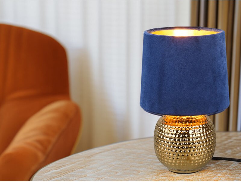 Defibrico - Tischleuchte sophia mit Keramikfuß & Samtschirm Blau - Gold, Höhe 26cm