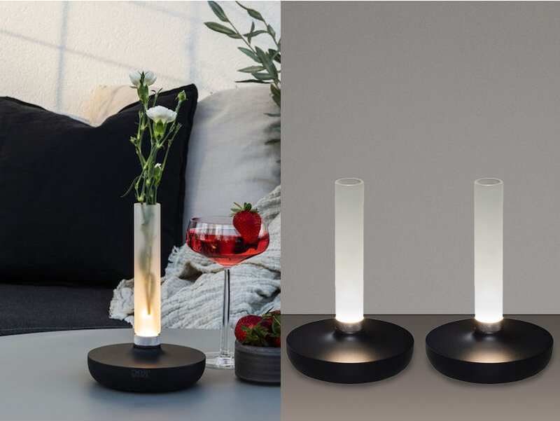 Meinewunschleuchte - 2er Set Außentischleuchte und Blumenvase mit Akkubetrieb, Schwarz Höhe 20cm
