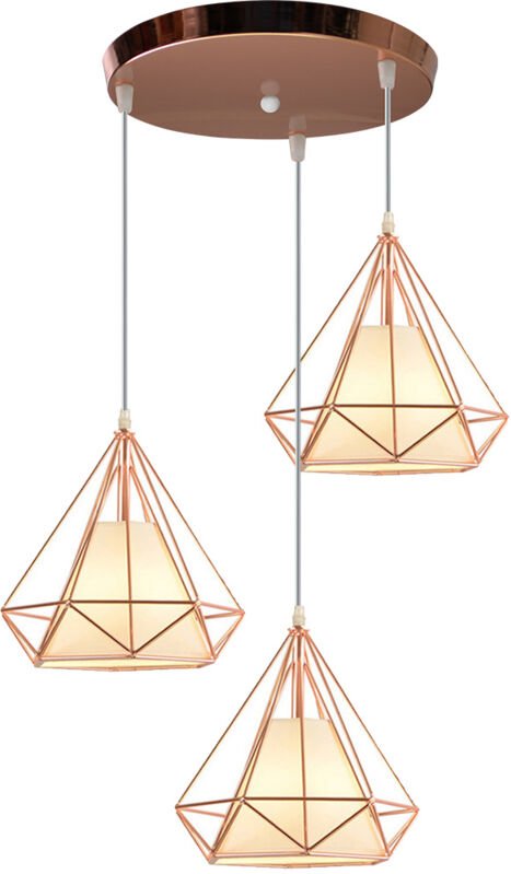 3 Flammig Pendelleuchte Retro Diamant Käfig Eisen E27 Runde Basis für Flur Küche Schlafzimmer Wohnzimmer Cafét (Roségold...