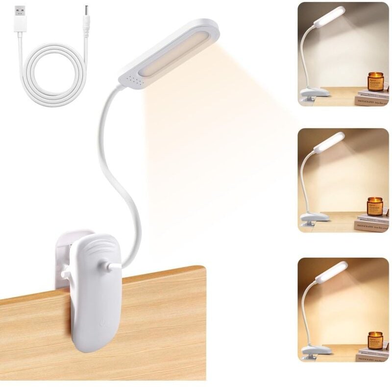Ansteckbare Schreibtischlampe mit USB-Adapter, wiederaufladbares LED-Leselicht, 360° flexibel, 3 Farben und dimmbar für ...