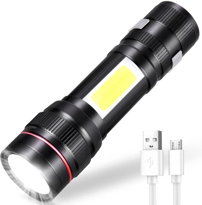 Thumbnail - Aougo - Wiederaufladbare LED-Taschenlampe, 3 Modi und zoombare Taschenlampe, tragbare taktische COB-Lampe für Kinder,