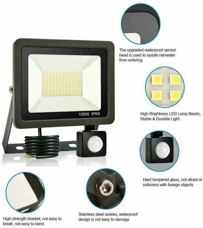 LED Projecteur Extérieur 100W Avec Détecteur De Mouvement IP65 Étanche 60000(LM) Blanc Froid Éclairage Pour Jardin Garag...